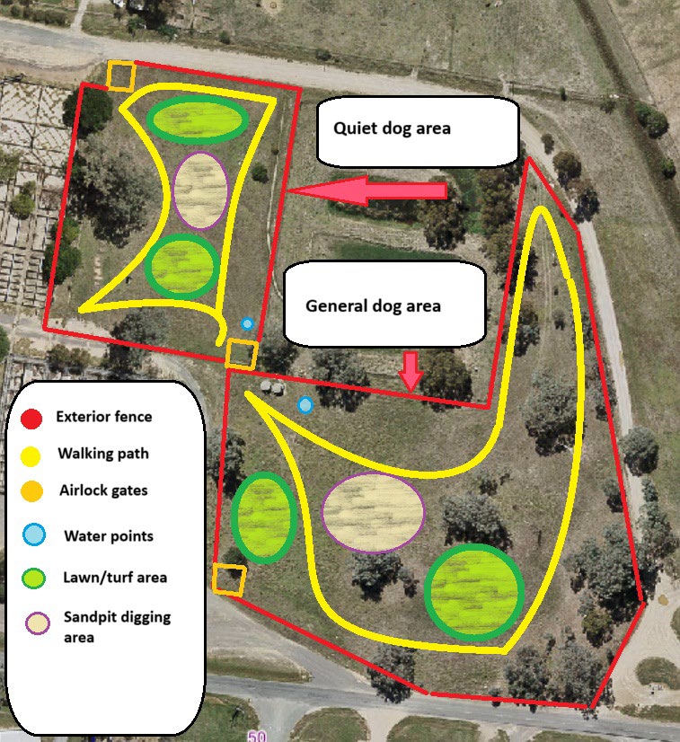 Concept design showing where the new dog park will be and features of the design